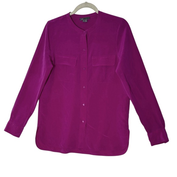 Vince Tops - VINCE Top Women's Size 10 100% Silk Hot Pink Long Sleeve V-Neck Button Up Career